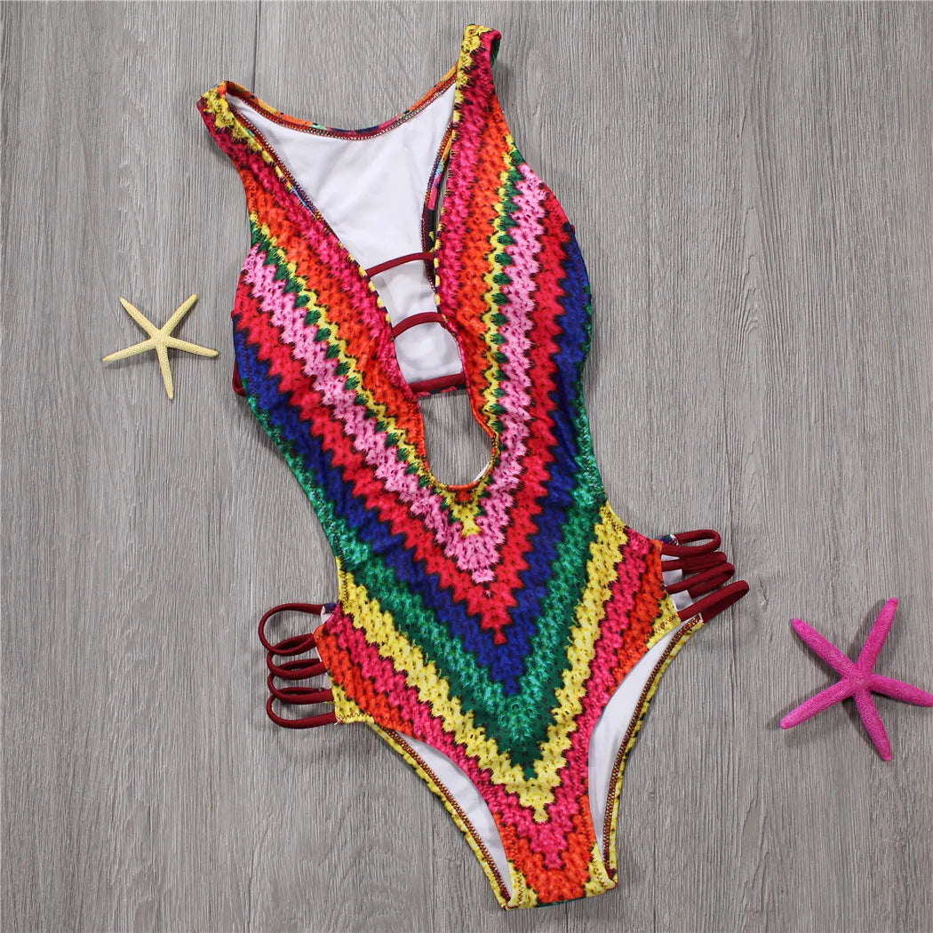 Sexy Bandage One Piece Swimsuit Floral Swimwear 