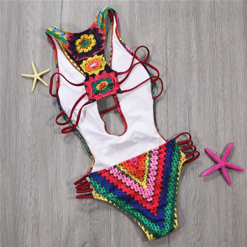 Sexy Bandage One Piece Swimsuit Floral Swimwear 