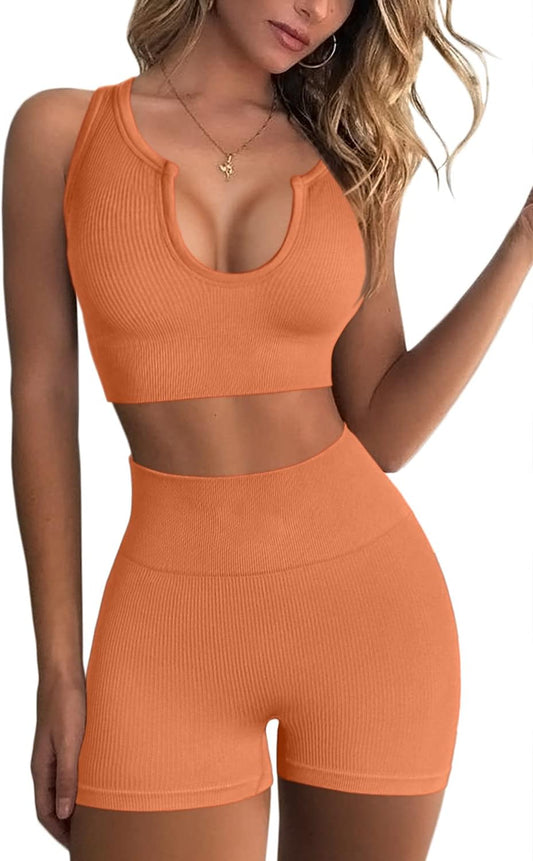 Seamless Workout Sets Cropped Tank Tops for Women Ribbed 2 Piece